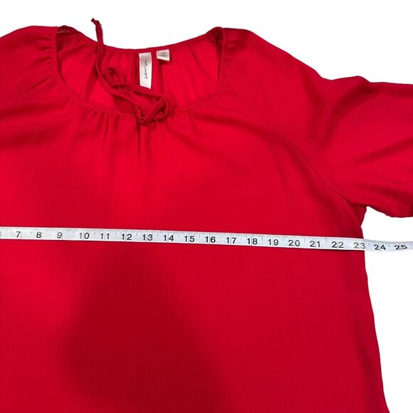 Tacera Womens SZ 1X Red Chiffon Blouse -Lace 3/4 Sleeve-Bow Tie -Round Neck - Picture 5 of 14